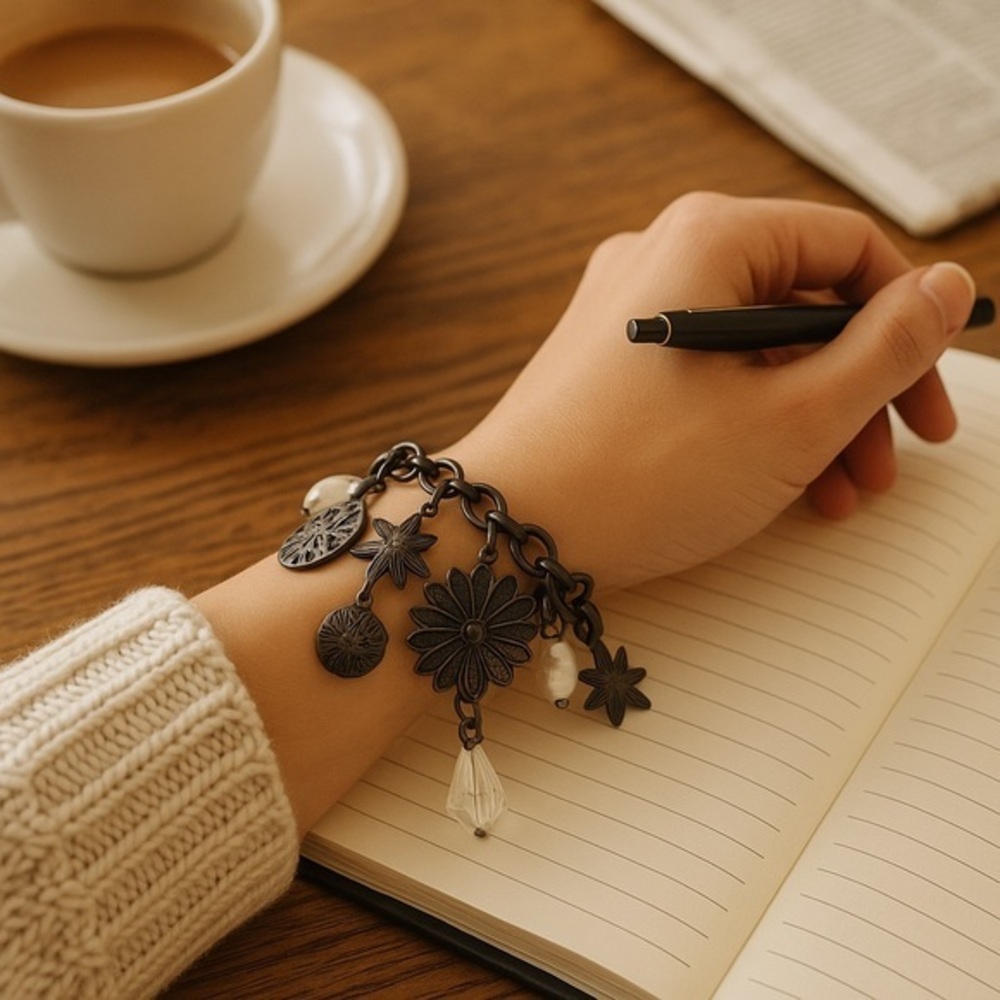 🖤 Elegant Black Charm Bracelet– Vintage-Inspired Statement Jewelry Gift